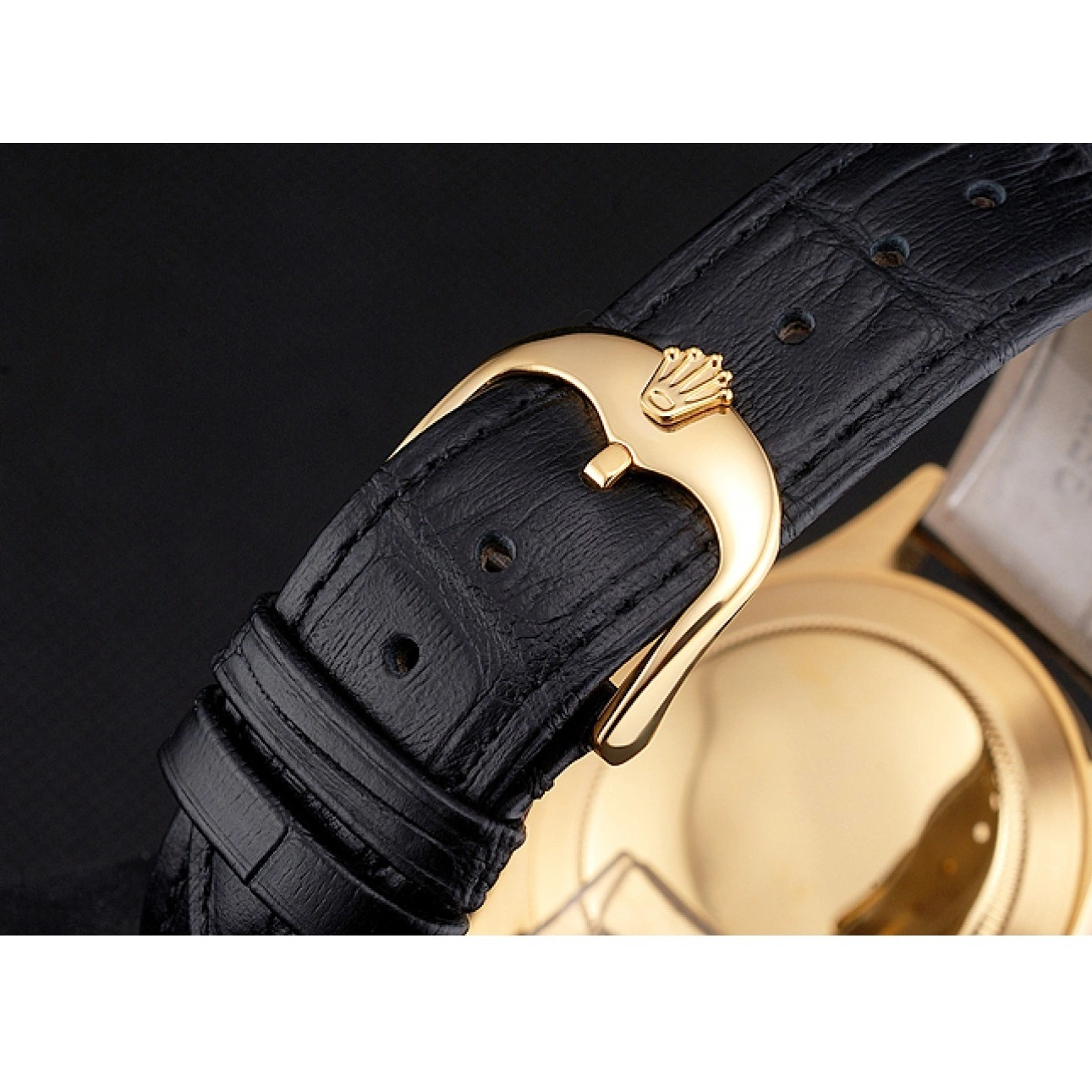 Aaa replica Swiss Strap Black Leather Dial Case Datejust Black Gold Rolex 0707